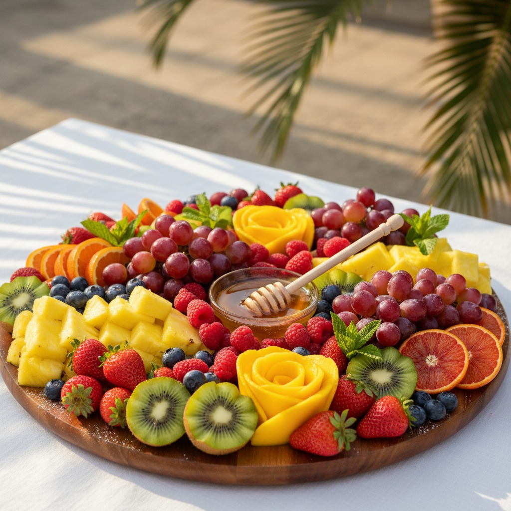 A wooden platter is filled with a variety of fresh fruits including pineapple chunks, strawberries, grapes, kiwi slices, orange slices, and a central bowl of honey with a wooden dipper.