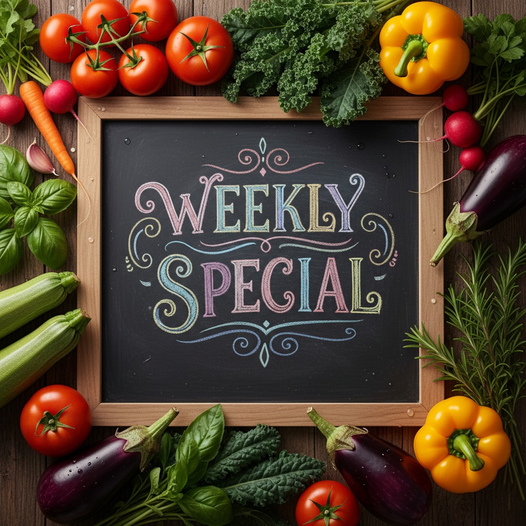 A framed chalkboard with the words "WEEKLY SPECIAL" written in colorful chalk is surrounded by fresh vegetables like tomatoes, peppers, eggplants, and herbs on a wooden table.